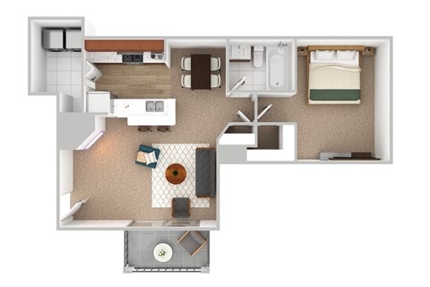 A floor plan of a small apartment with a kitchen, living room, and bedroom.